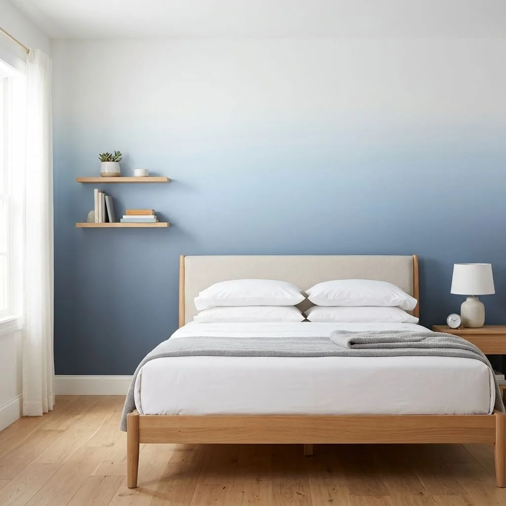 15 Stunning Soft Blue Bedroom Decor Ideas 14 Soft Blue Ombre Wall for a Gradient Sunset Effect