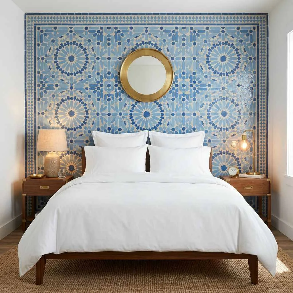 15 Stunning Soft Blue Bedroom Decor Ideas 13 Blue Moroccan-Patterned Tiles as a Feature Headboard Wall