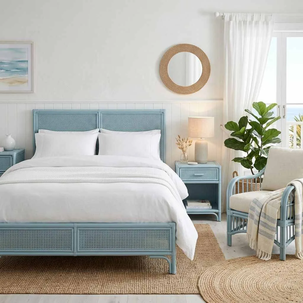 15 Stunning Soft Blue Bedroom Decor Ideas 11 Coastal Blue Rattan Furniture for a Breezy Retreat Feel
