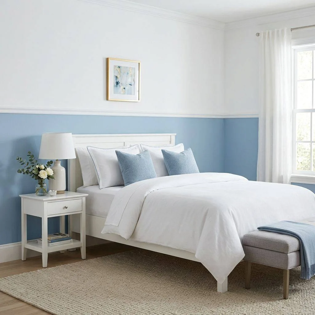 15 Stunning Soft Blue Bedroom Decor Ideas 10 Two-Tone Walls With Soft Blue on the Lower Half