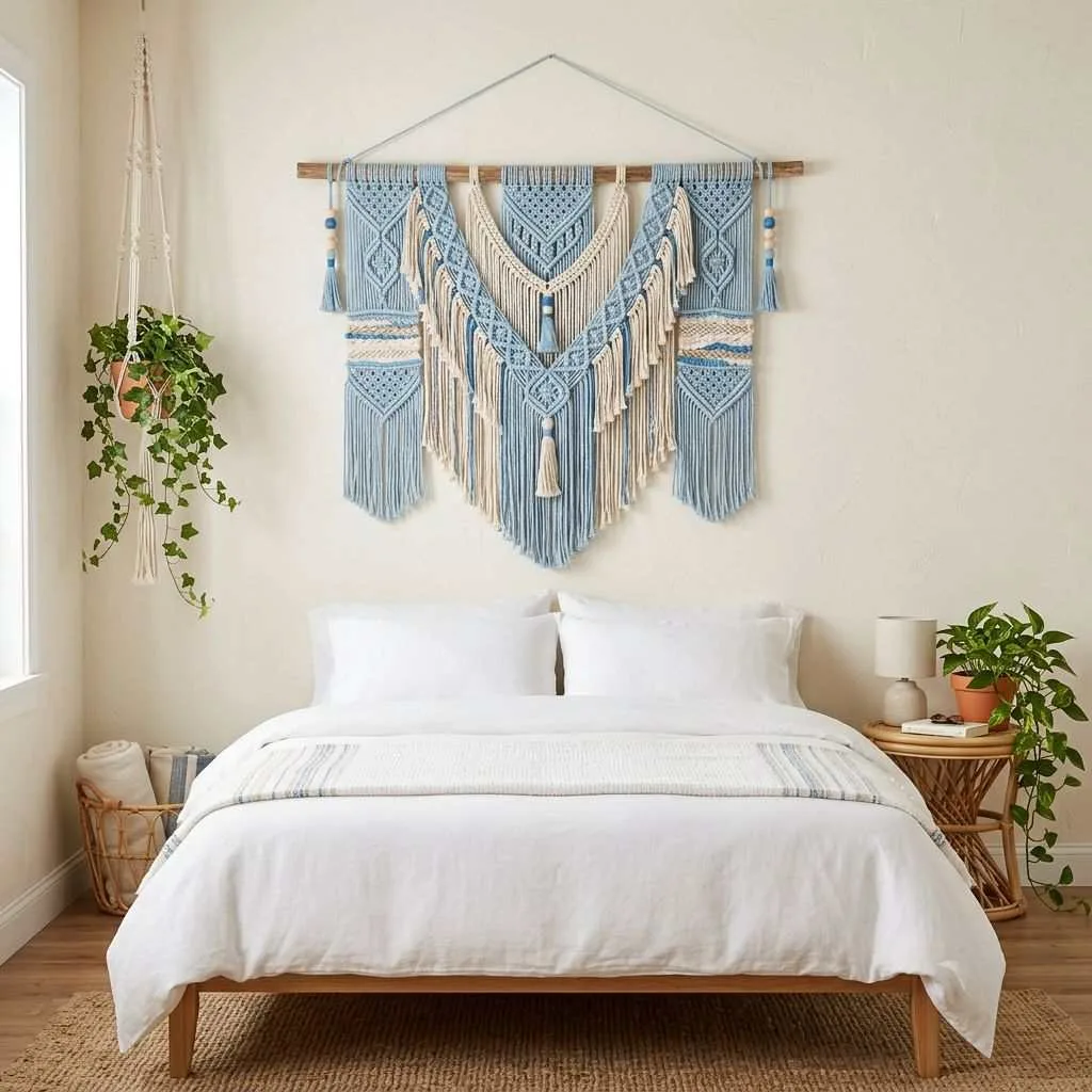 15 Stunning Soft Blue Bedroom Decor Ideas 9 Soft Blue Bohemian Macramé Wall Hanging