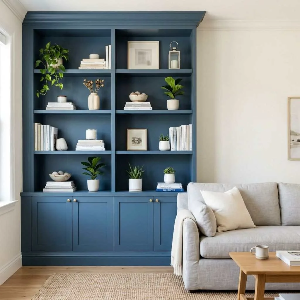 15 Stunning Soft Blue Bedroom Decor Ideas 8 Steel Blue Built-In Shelving for Style and Function