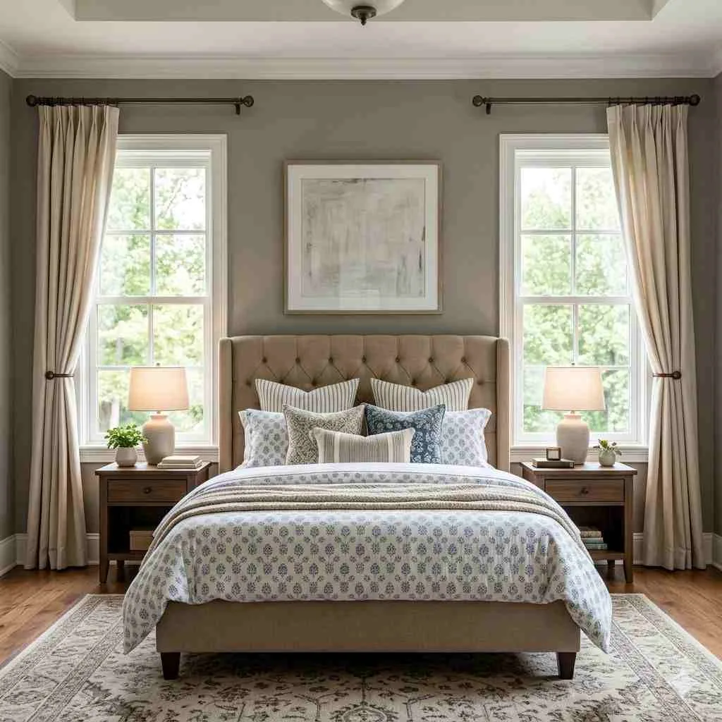 Two Windows Flanking a Centered Headboard
