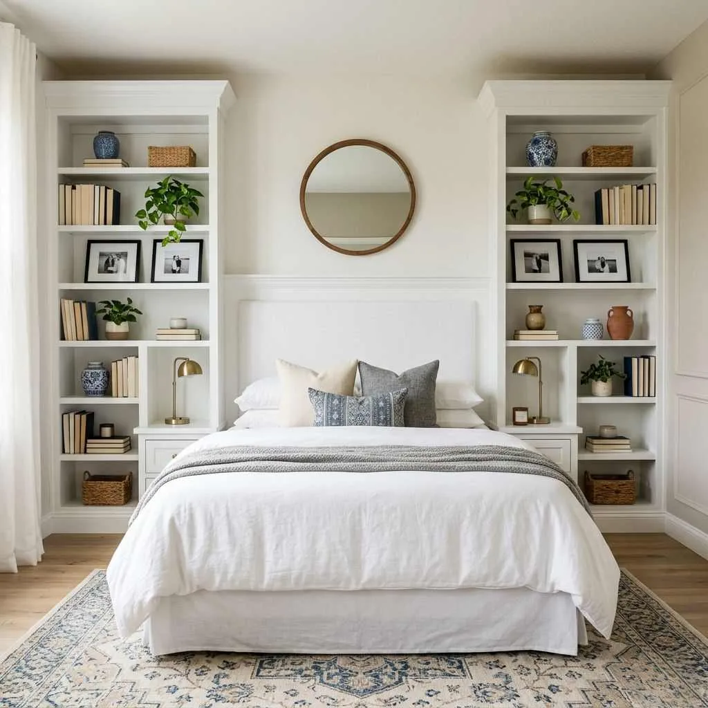 Bookcase Headboard with Symmetrical Shelving Arms