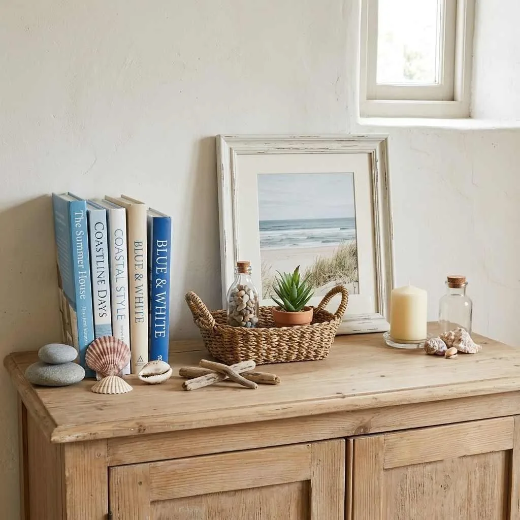 15 Vibrant Summer Home Inspiration Ideas 12 Style a Coastal-Inspired Bookshelf or Sideboard Display