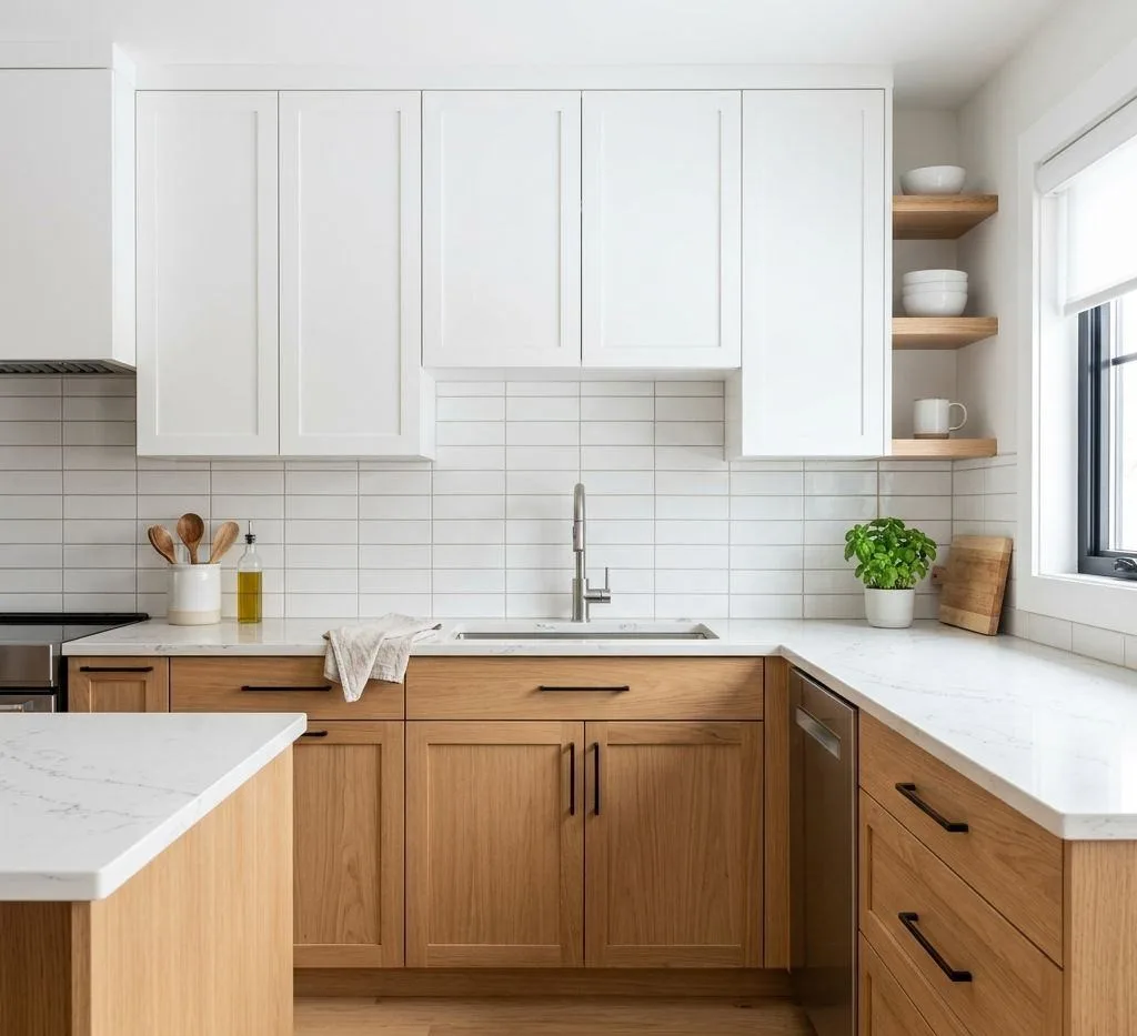 16 White Kitchen Cabinets Ideas for 2026 Modern Homes 4 Two-Tone White and Wood Cabinets