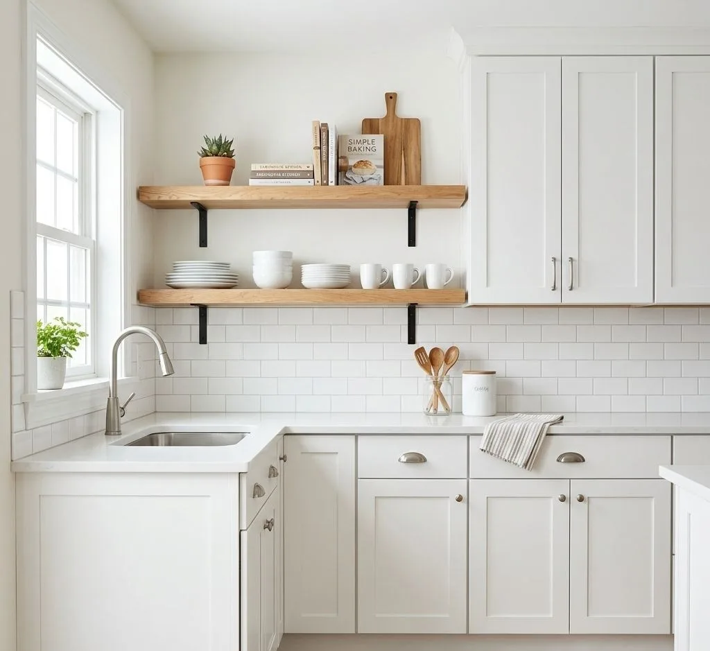 16 White Kitchen Cabinets Ideas for 2026 Modern Homes 9 White Shaker Cabinets With Open Shelving