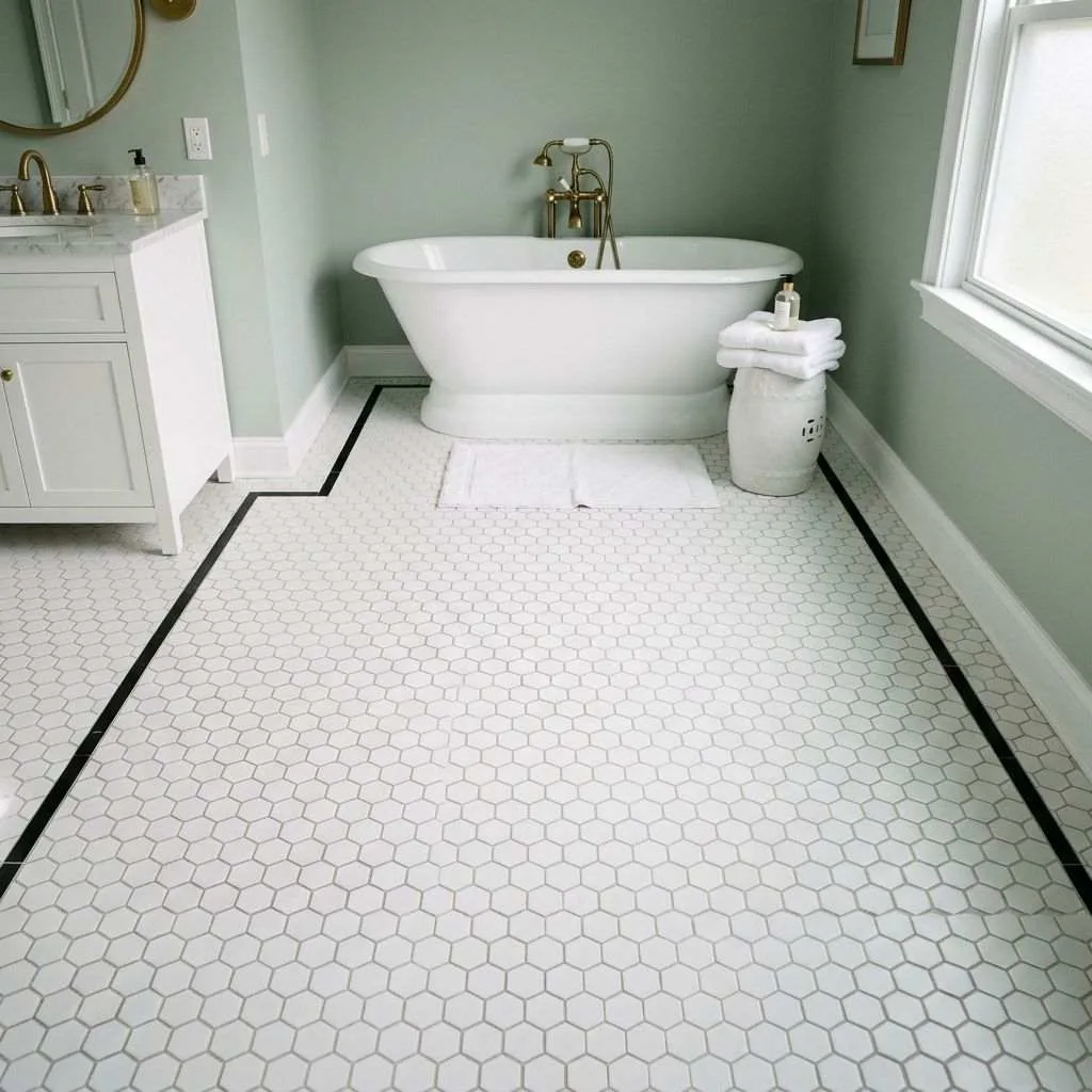 15 White Tile Bathroom Ideas to Transform Your Space 6 White Hexagon Tiles on the Floor