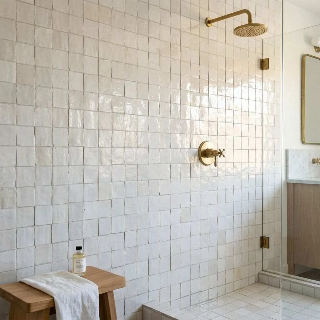 15 White Tile Bathroom Ideas to Transform Your Space 5 White Zellige Tiles for a Handmade Feel