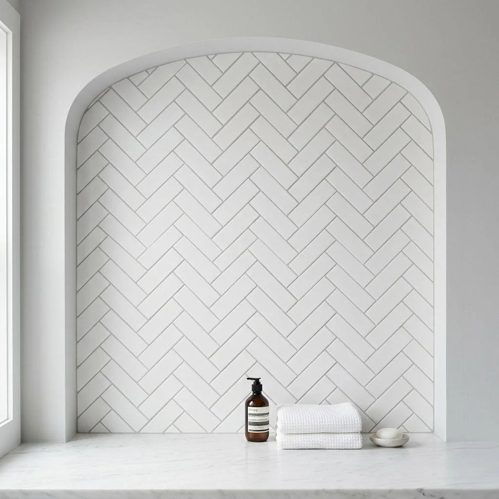 15 White Tile Bathroom Ideas to Transform Your Space 4 Herringbone White Tile Pattern