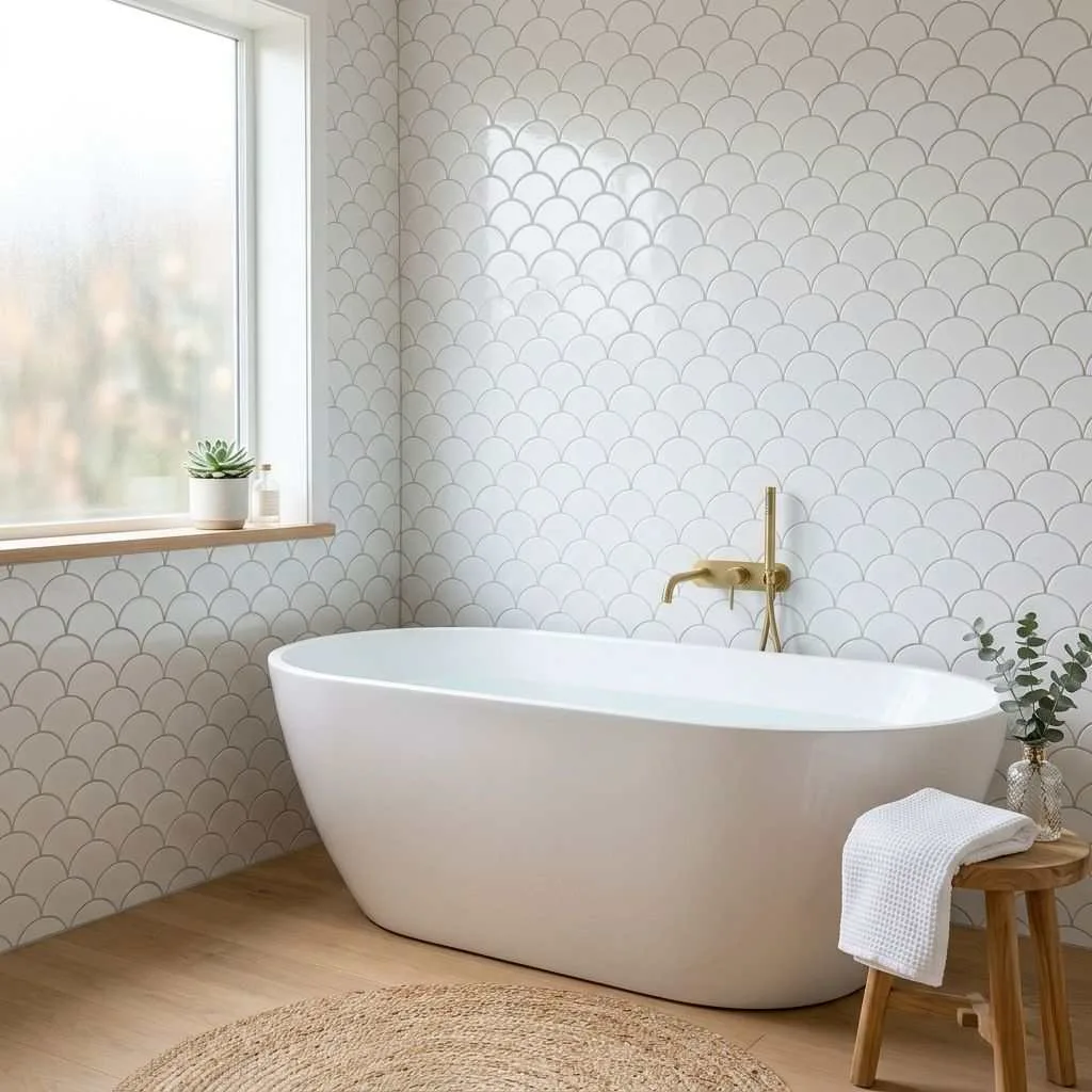 15 White Tile Bathroom Ideas to Transform Your Space 15 White Fish Scale Tiles for a Playful Touch