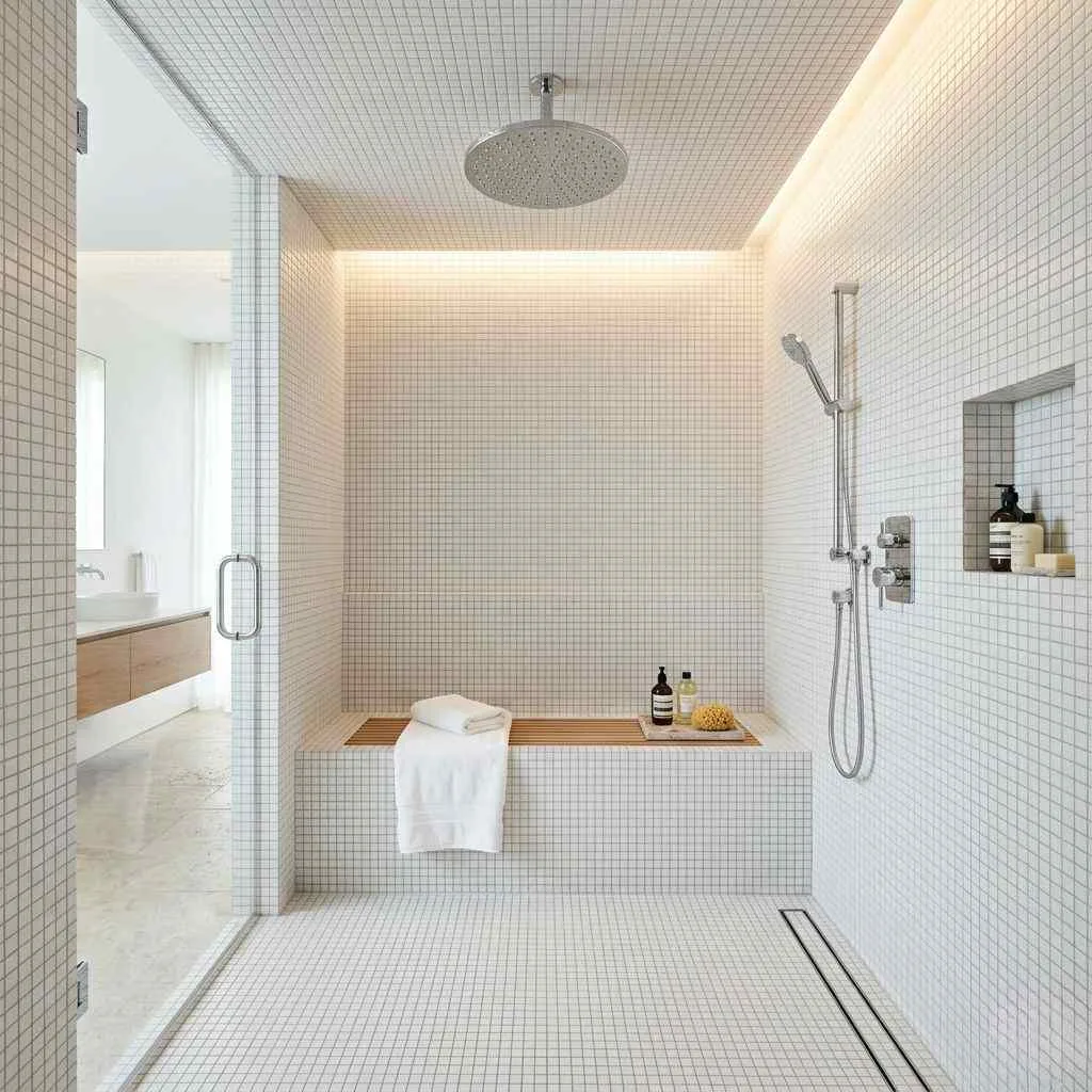 15 White Tile Bathroom Ideas to Transform Your Space 14 White Mosaic Tiles for a Spa-Inspired Shower