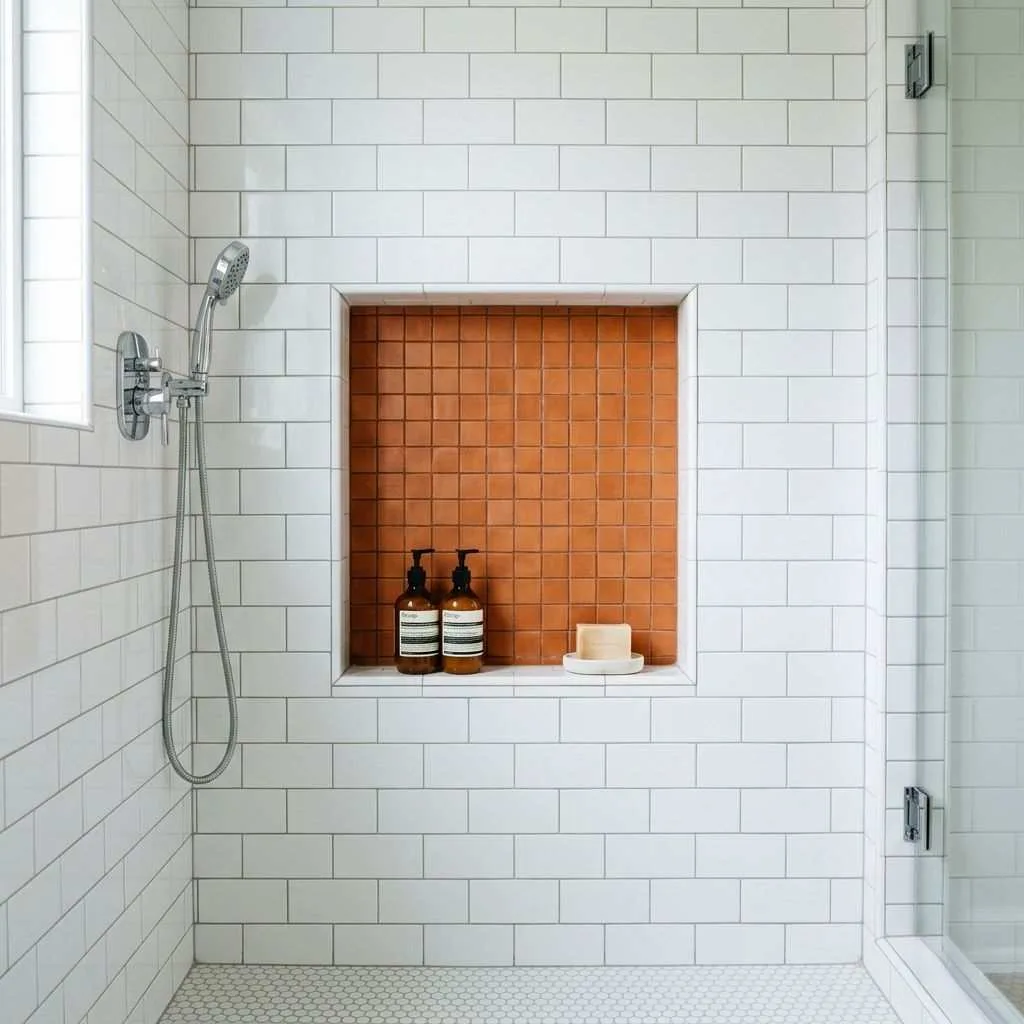 15 White Tile Bathroom Ideas to Transform Your Space 12 White Tile Shower Niche with Accent Color