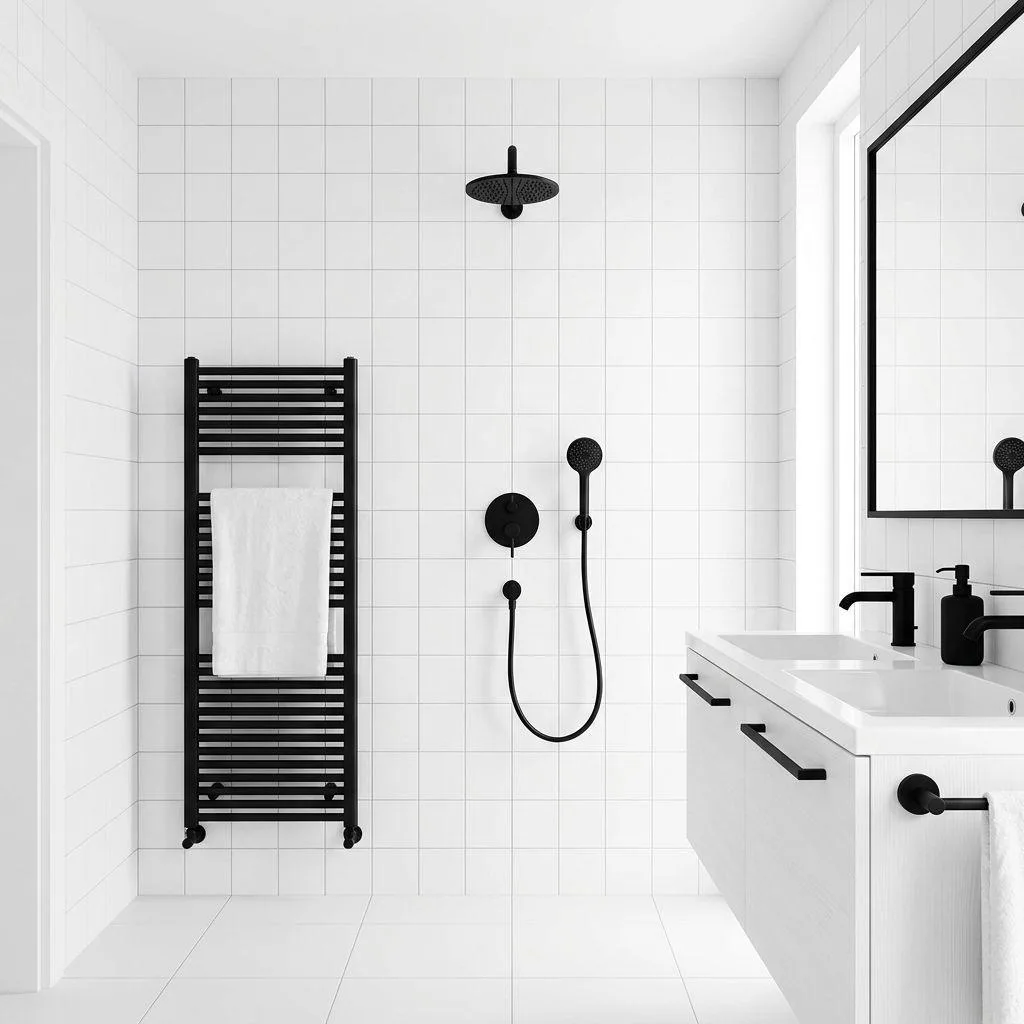 15 White Tile Bathroom Ideas to Transform Your Space 11 Bold Black Fixtures Against White Tiles