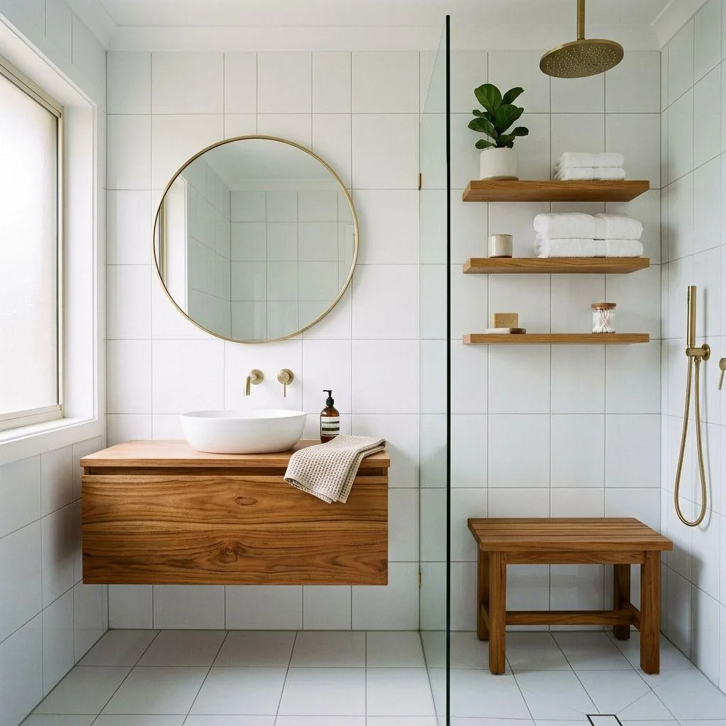 15 White Tile Bathroom Ideas to Transform Your Space 10 White Tile with Warm Wood Accents