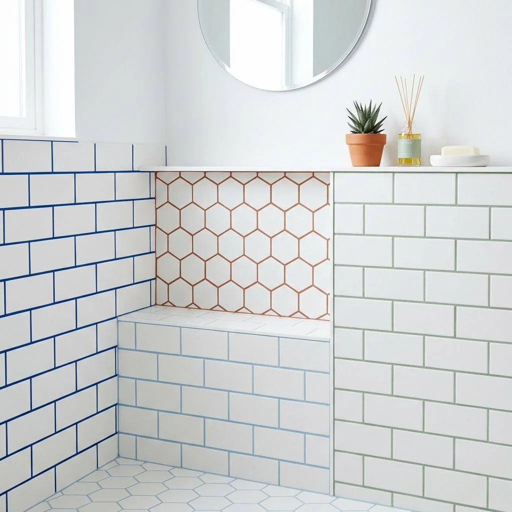 15 White Tile Bathroom Ideas to Transform Your Space 16 White Tile with Colorful Patterned Grout