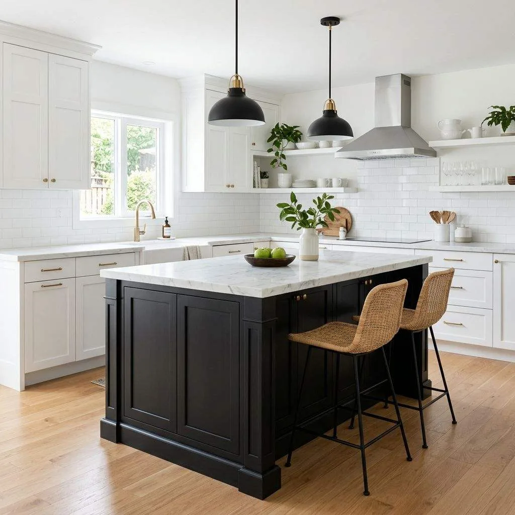 17 Black and White Kitchen Ideas to Transform Your Cooking Space 7 Black Kitchen Island with White Surroundings
