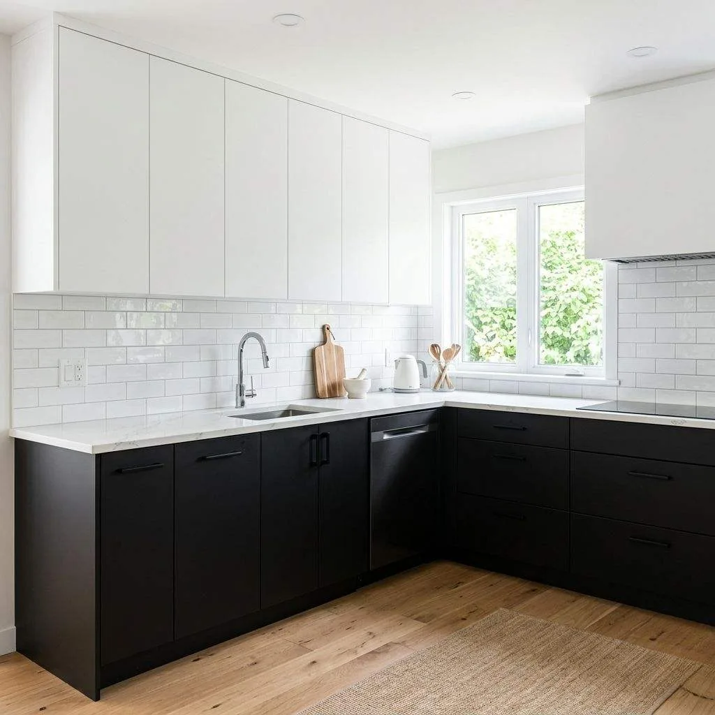 17 Black and White Kitchen Ideas to Transform Your Cooking Space 5 Two-Tone Cabinets — Black on Bottom, White on Top