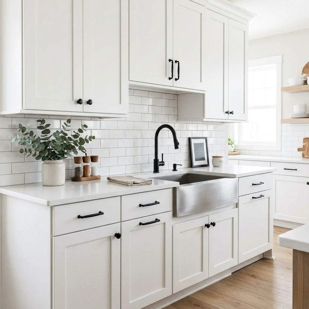 17 Black and White Kitchen Ideas to Transform Your Cooking Space 3 White Shaker Cabinets with Black Hardware