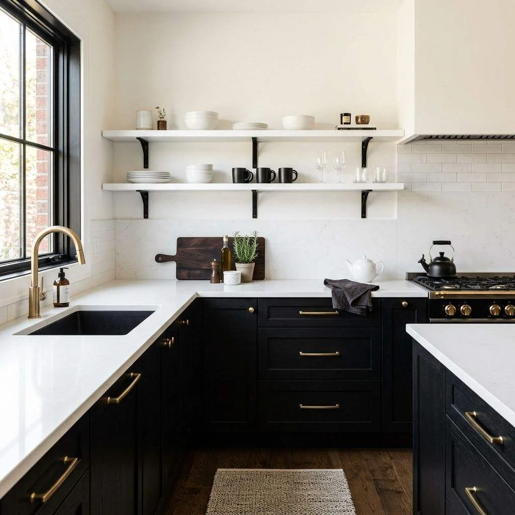 17 Black and White Kitchen Ideas to Transform Your Cooking Space 2 Classic Black Cabinets with White Countertops