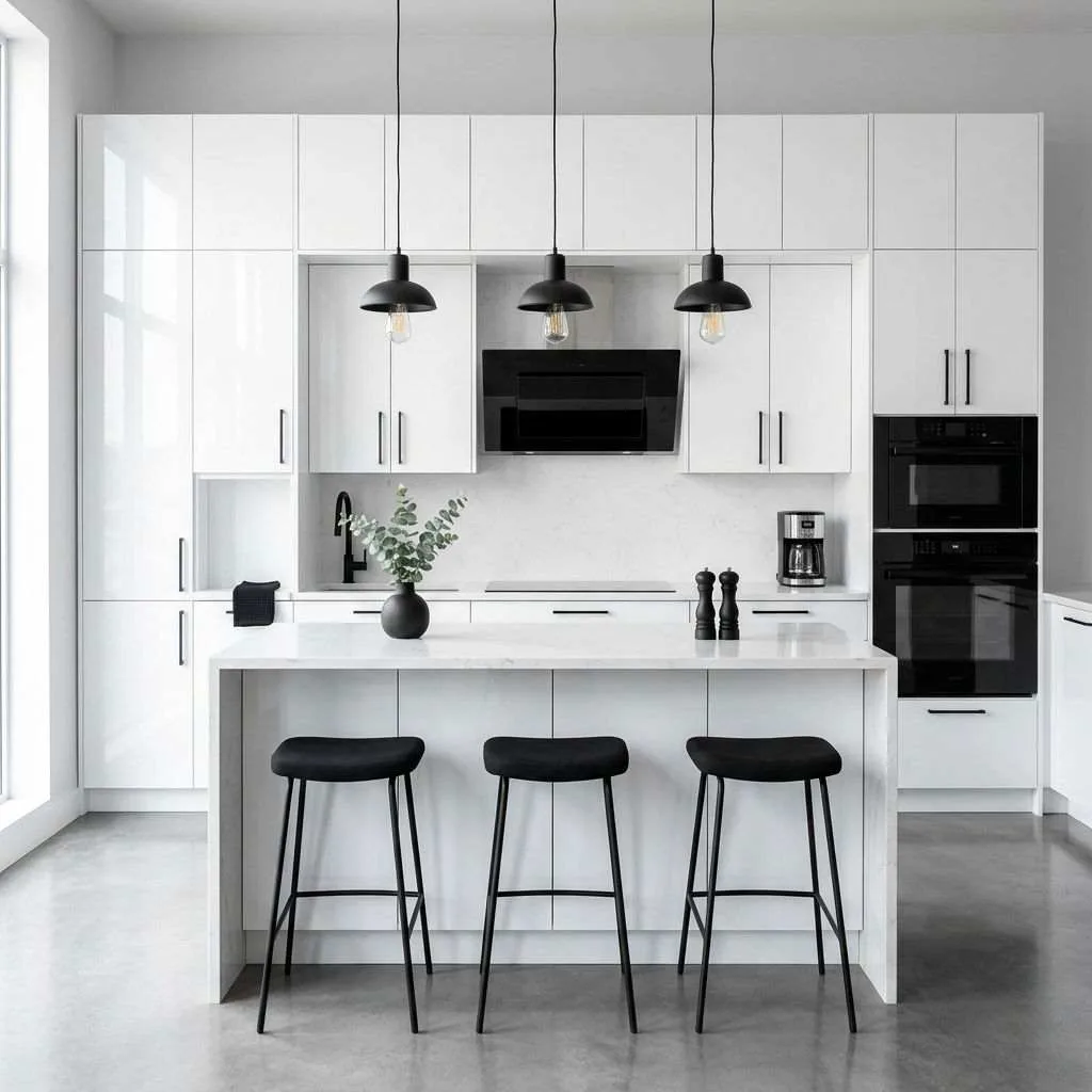 17 Black and White Kitchen Ideas to Transform Your Cooking Space 16 Glossy White Cabinets with Black Accents