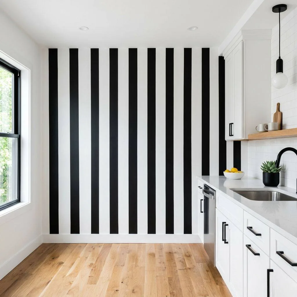 17 Black and White Kitchen Ideas to Transform Your Cooking Space 14 Striped Black and White Walls for Bold Personality