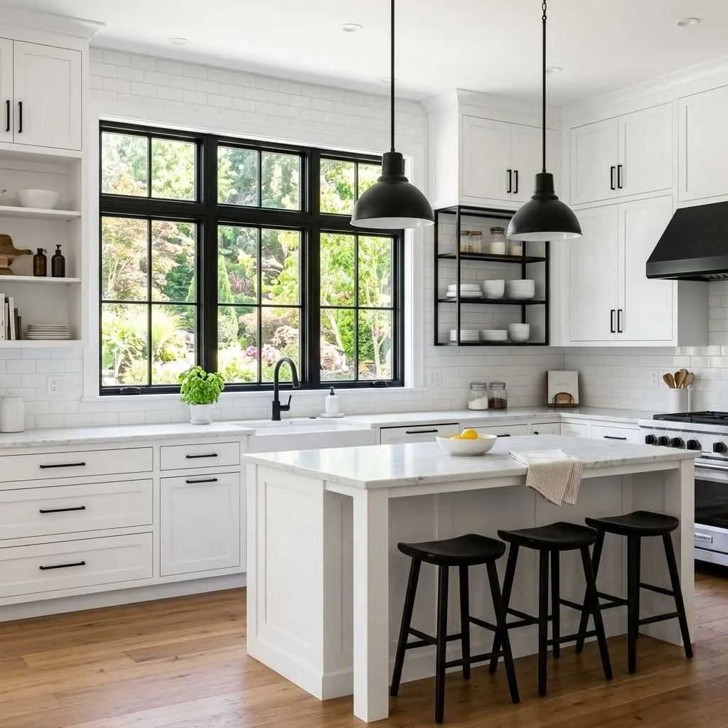 17 Black and White Kitchen Ideas to Transform Your Cooking Space 13 White Kitchen with Black Window Frames