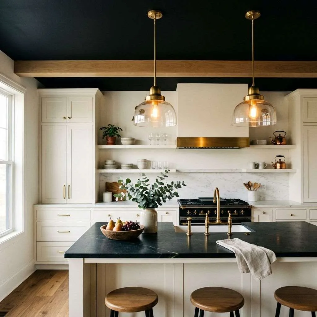 17 Black and White Kitchen Ideas to Transform Your Cooking Space 11 Dramatic Black Ceiling for a Cozy Kitchen Feel