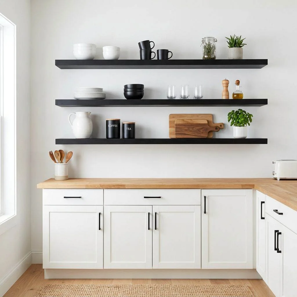 17 Black and White Kitchen Ideas to Transform Your Cooking Space 10 Black Open Shelving Against White Walls