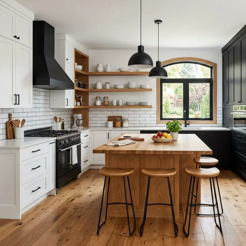 17 Black and White Kitchen Ideas to Transform Your Cooking Space 18 Black and White Kitchen with Natural Wood Warmth
