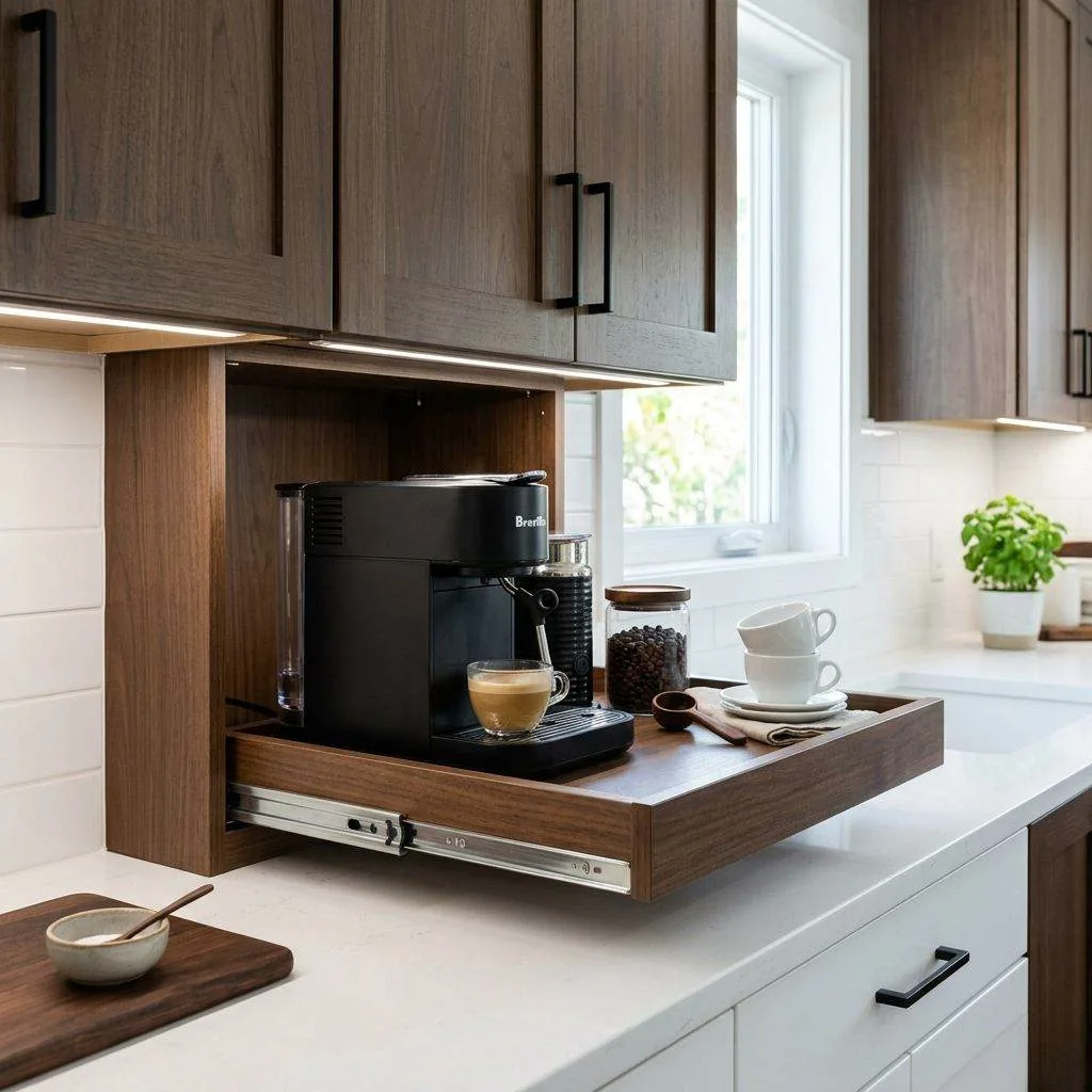 15 Coffee Bar Ideas for Your Kitchen 7 Under-Cabinet Pull-Out Station