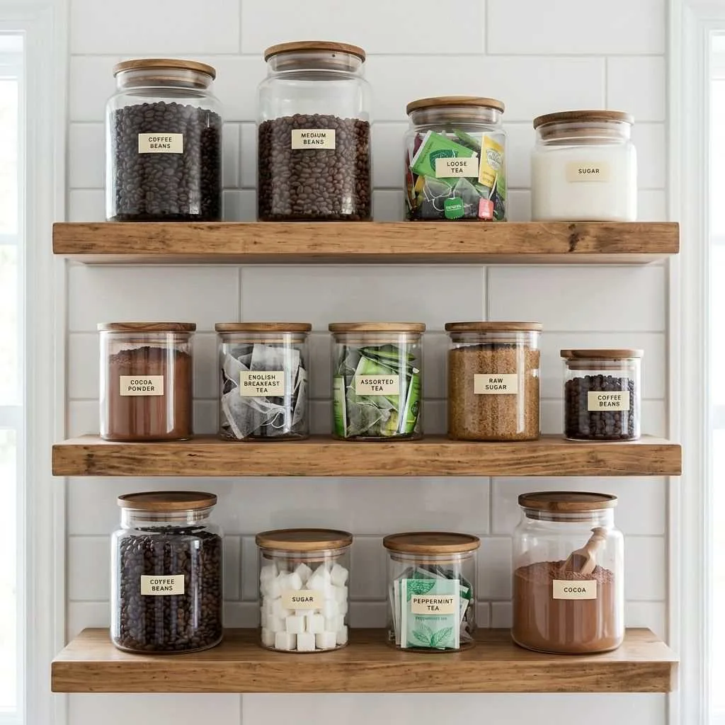 15 Coffee Bar Ideas for Your Kitchen 6 Open Shelving with Glass Jars