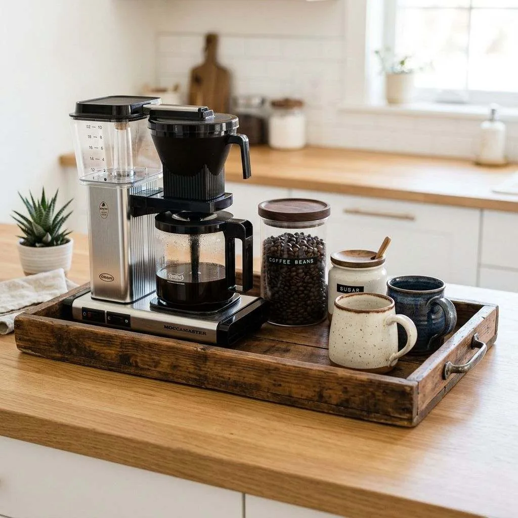 15 Coffee Bar Ideas for Your Kitchen 5 Vintage Tray Display
