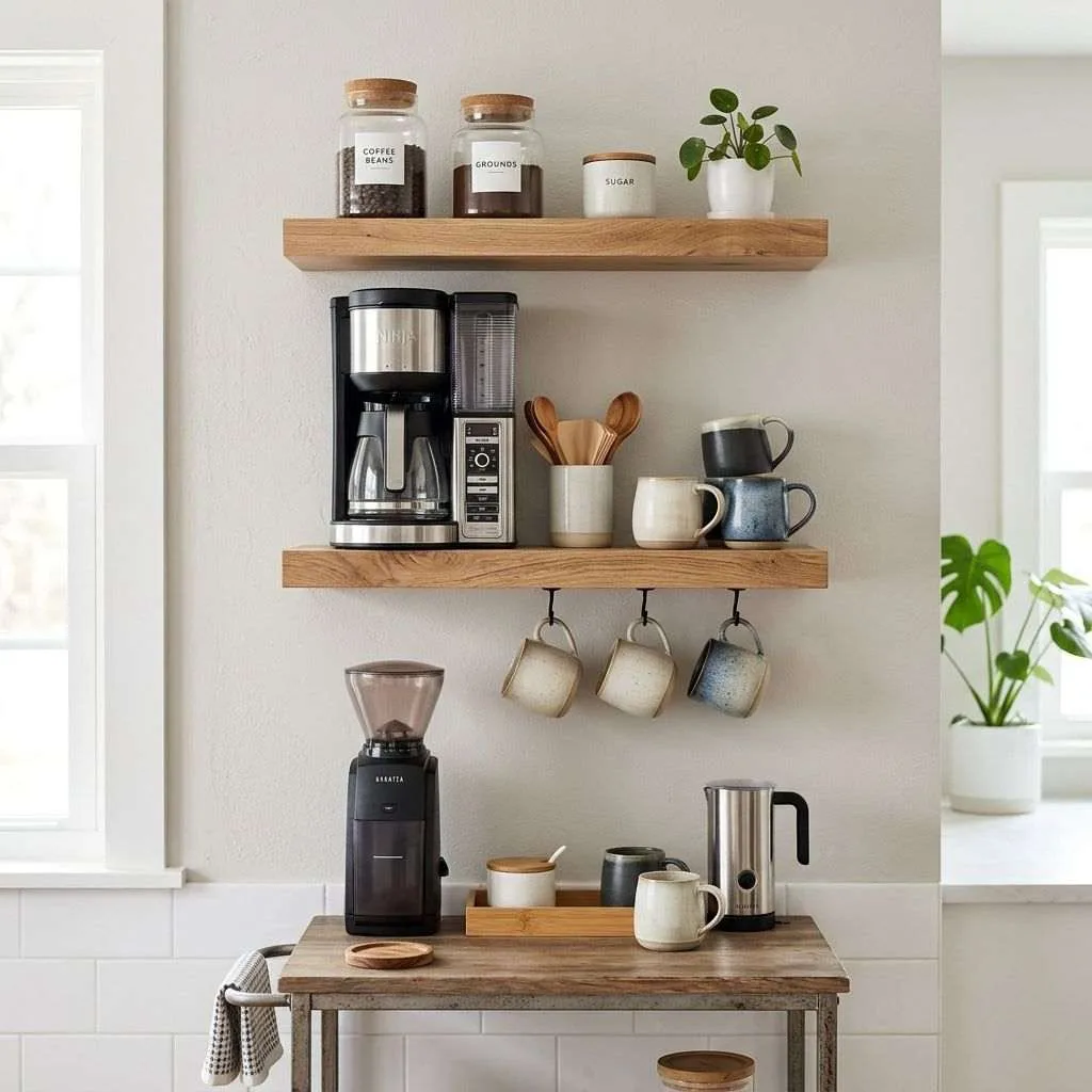 15 Coffee Bar Ideas for Your Kitchen 2 Floating Shelf Coffee Station
