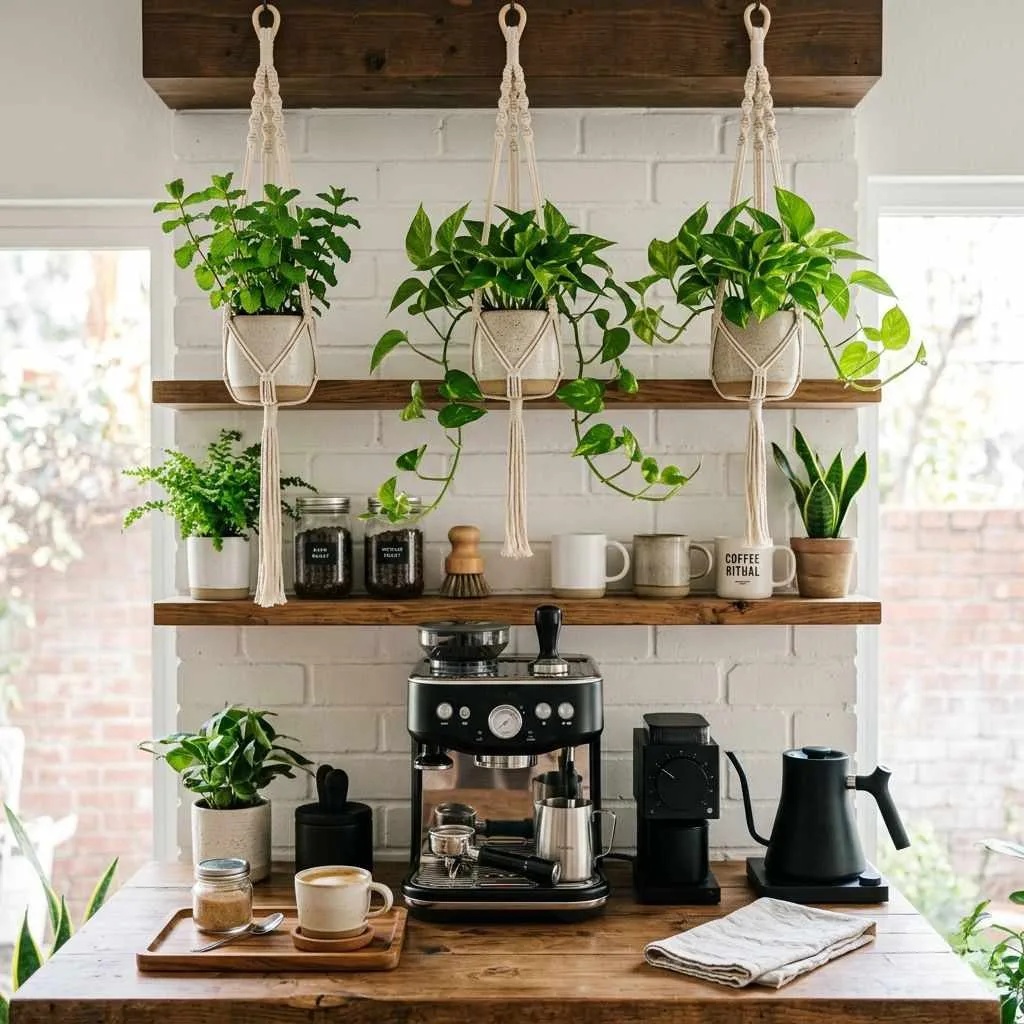 15 Coffee Bar Ideas for Your Kitchen 14 Coffee Bar with Hanging Plants