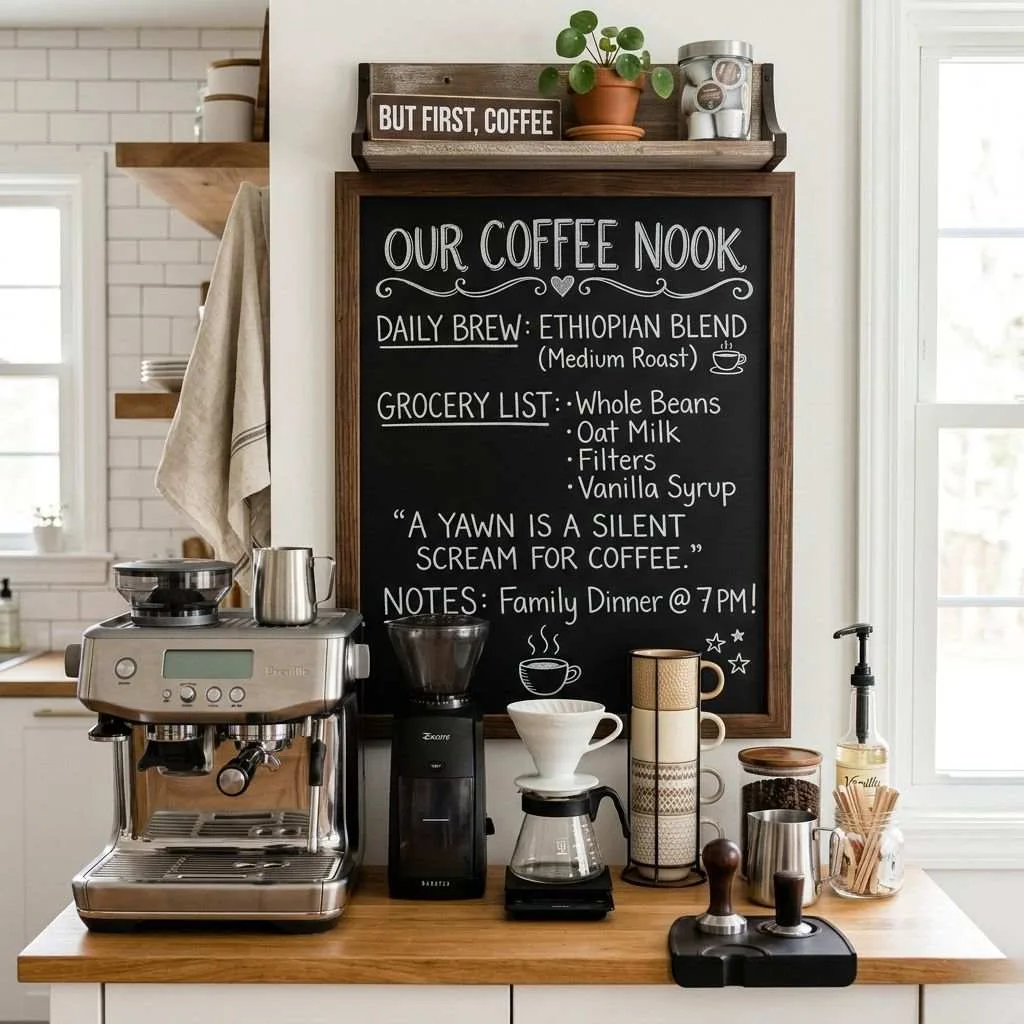 15 Coffee Bar Ideas for Your Kitchen 12 Coffee Bar with Chalkboard Backdrop