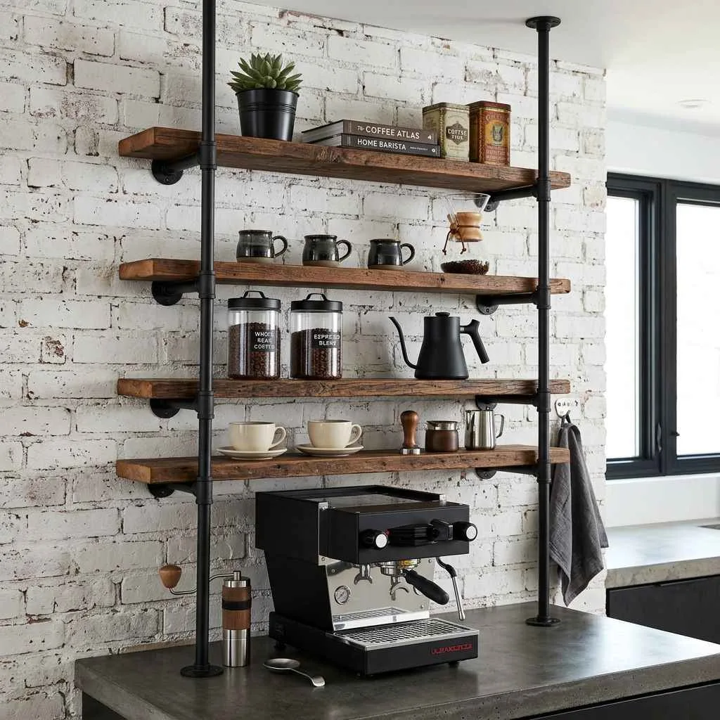 15 Coffee Bar Ideas for Your Kitchen 11 Industrial Pipe Shelving