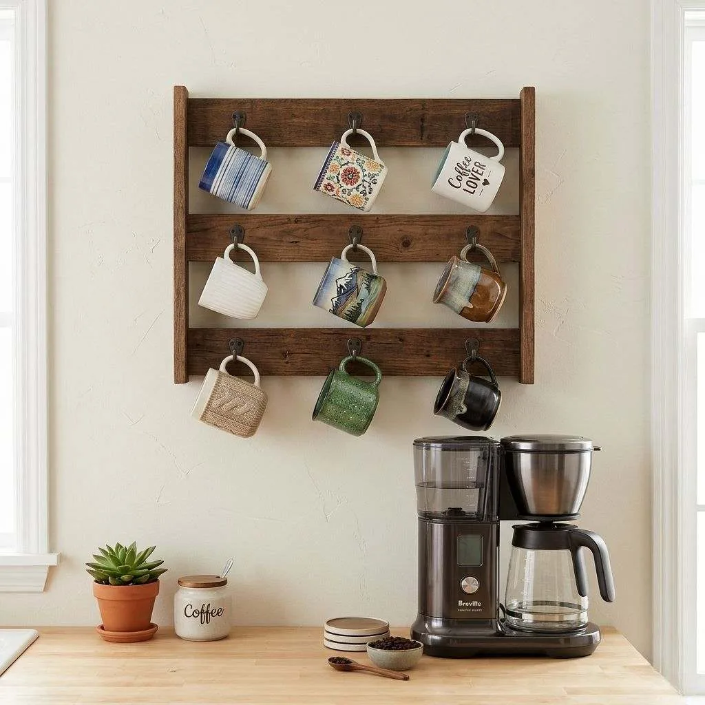 15 Coffee Bar Ideas for Your Kitchen 9 Wall-Mounted Mug Rack with Hooks