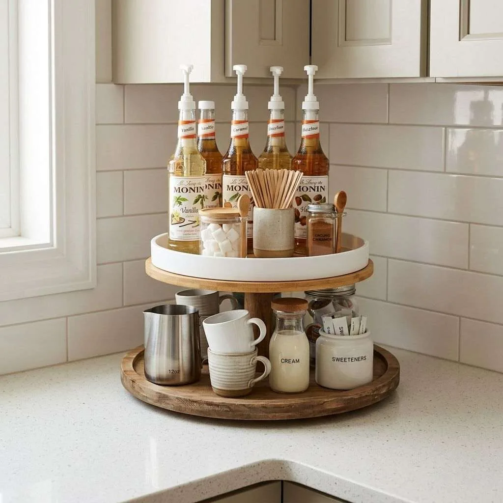 15 Coffee Bar Ideas for Your Kitchen 16 Two-Tier Lazy Susan Station