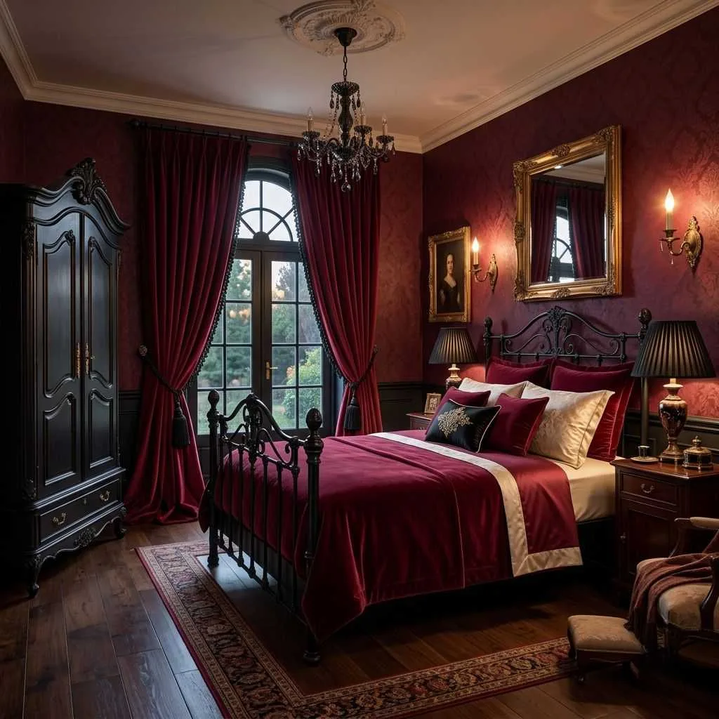 15 Dark Elegant Bedroom Design Ideas That Will Transform Your Sleep Space 6 Burgundy and Black Victorian Romance
