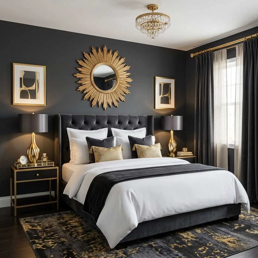 15 Dark Elegant Bedroom Design Ideas That Will Transform Your Sleep Space 3 Charcoal and Gold Glamour