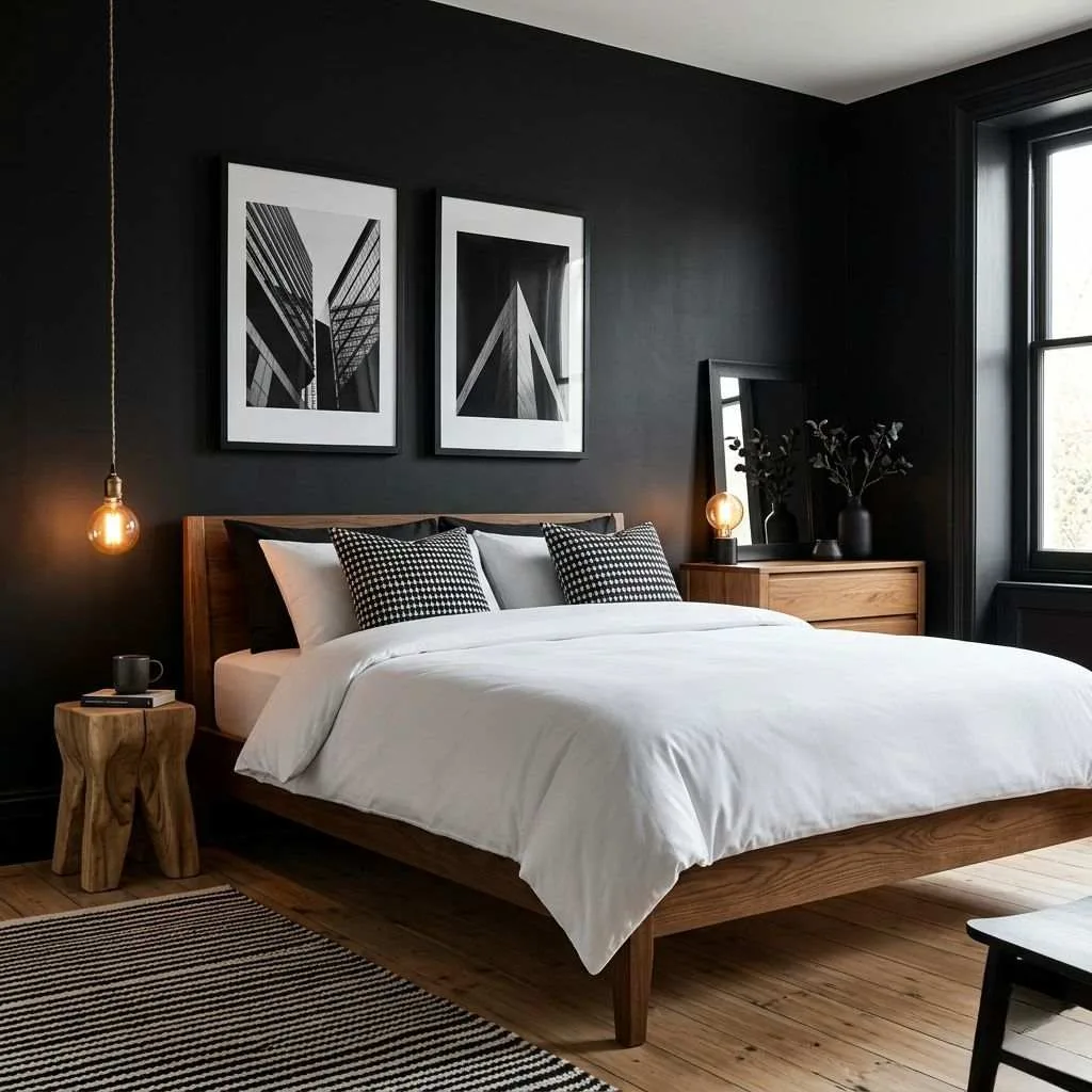 15 Dark Elegant Bedroom Design Ideas That Will Transform Your Sleep Space 15 Black and White Contrast with Dark Drama