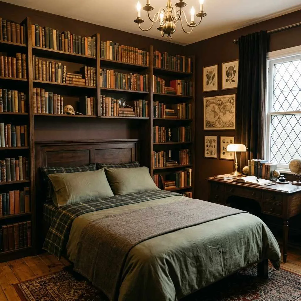 15 Dark Elegant Bedroom Design Ideas That Will Transform Your Sleep Space 11 The Dark Academia Bookshelf Bedroom