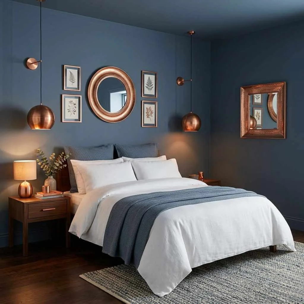 15 Dark Elegant Bedroom Design Ideas That Will Transform Your Sleep Space 8 Slate Blue and Copper Warmth