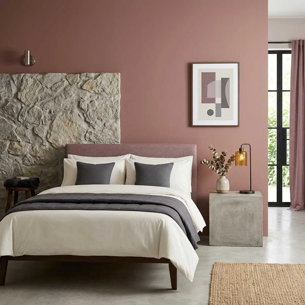 15 Earthy Pink Bedroom Design Ideas 7 Warm Mauve Walls With Stone and Concrete Textures
