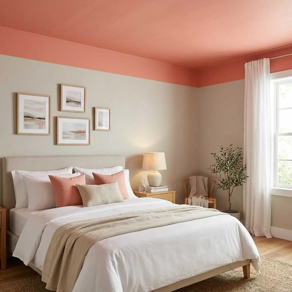 15 Earthy Pink Bedroom Design Ideas 5 Salmon Pink Ceiling With Neutral Walls