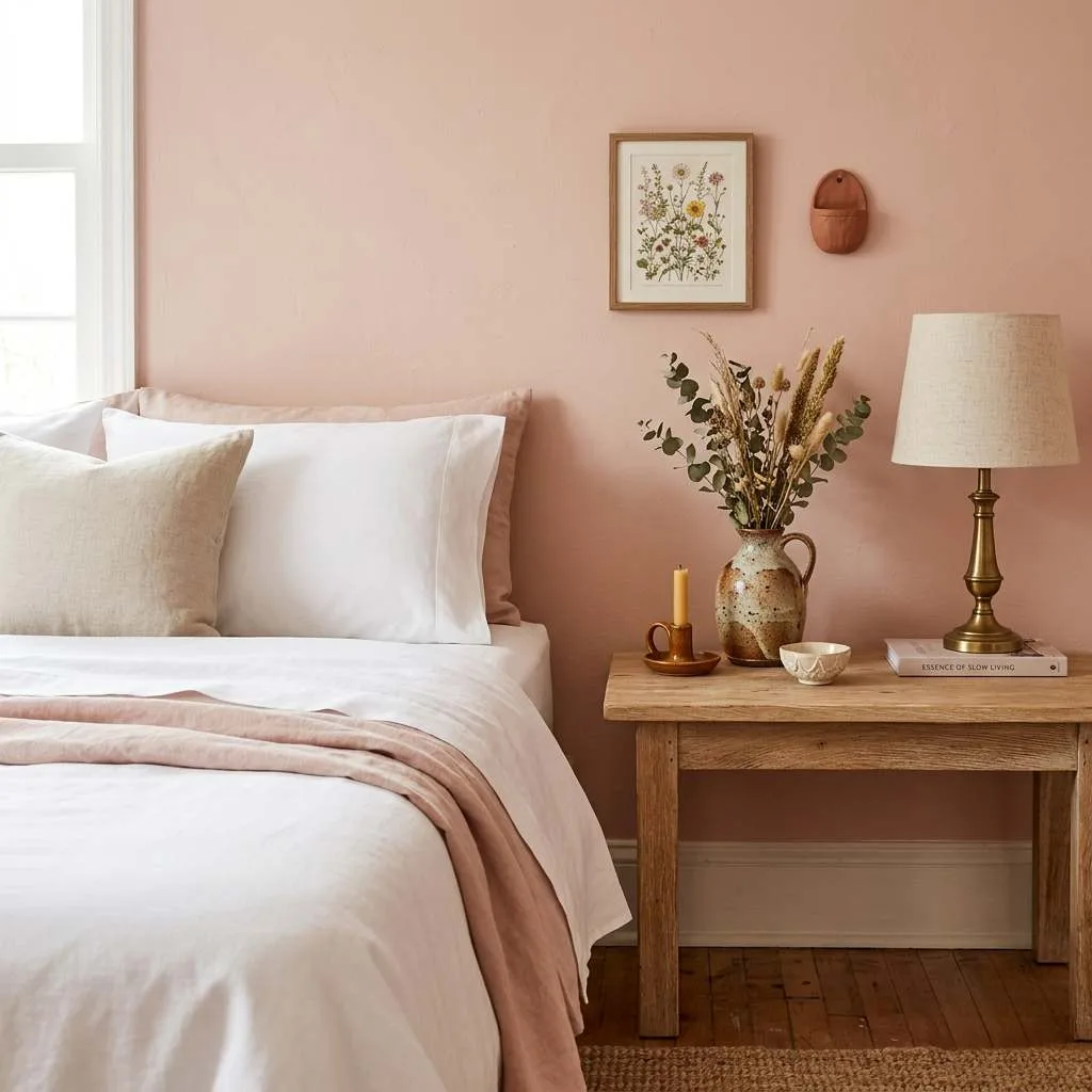 15 Earthy Pink Bedroom Design Ideas 4 Blush Pink Walls With Clay Pottery Accents
