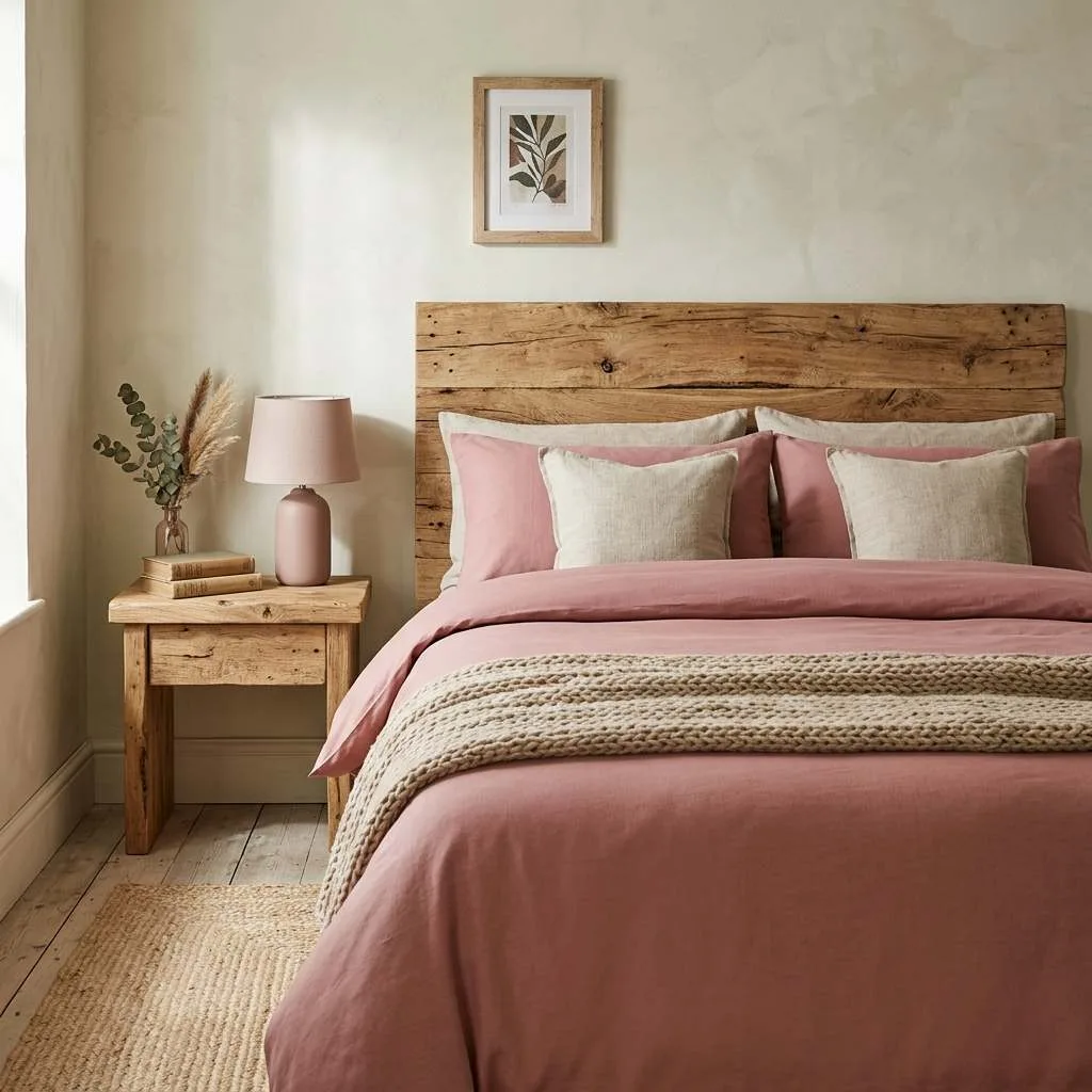 15 Earthy Pink Bedroom Design Ideas 3 Dusty Rose and Raw Wood Combination