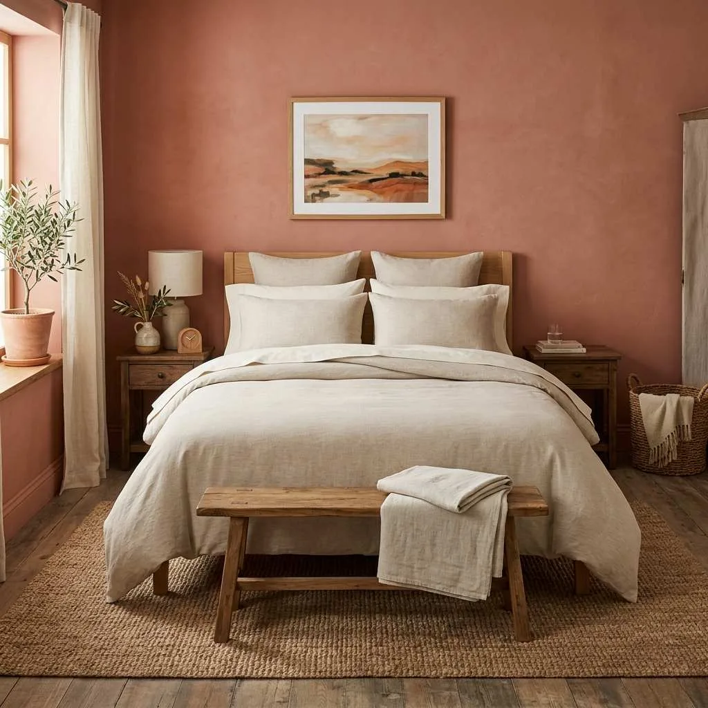 15 Earthy Pink Bedroom Design Ideas 2 Terracotta Pink Walls With Linen Bedding