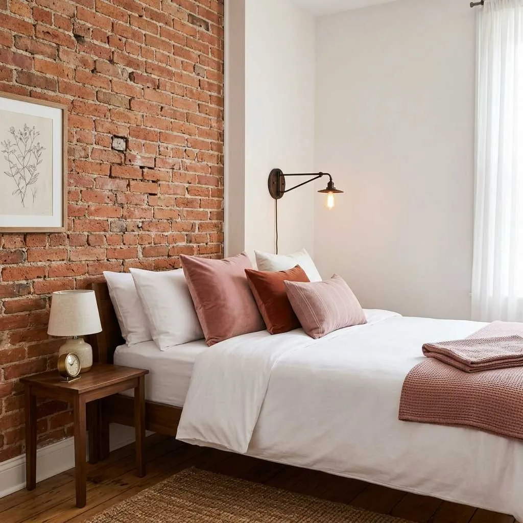 15 Earthy Pink Bedroom Design Ideas 13 Muted Pink With Exposed Brick Wall